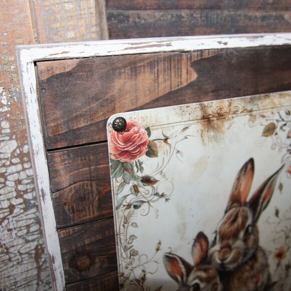 NEW Large Rustic Distressed Bunny Rabbit Pair & Wild Flower Farmhouse Wall Decor - Picture 3 of 6